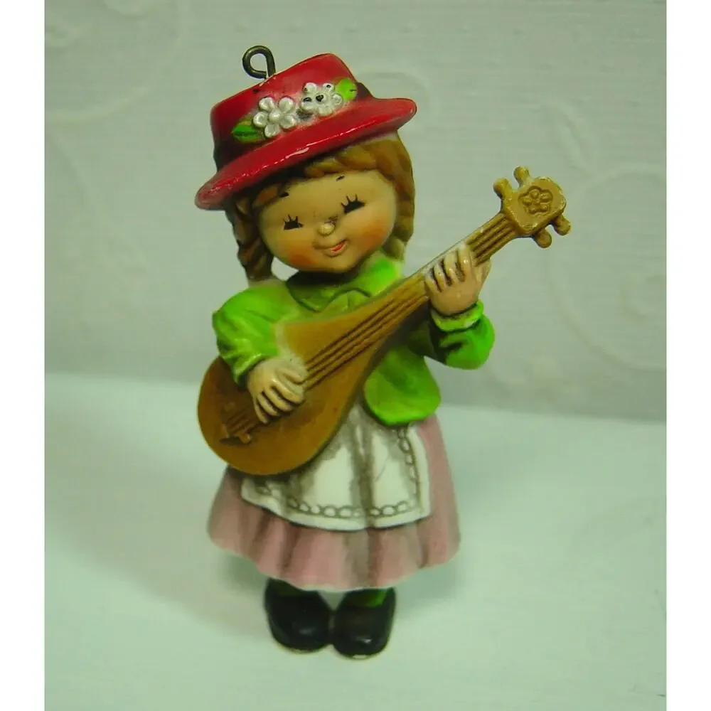 2 VINTAGE LITTLE GIRL ORNAMENTS WITH DOLL & MANDOLIN-MADE IN HONG KONG